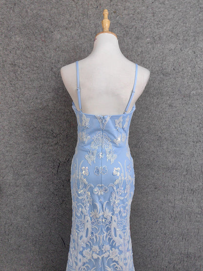 Elegant Light Blue Square Neck Spaghetti Strap Mermaid Sequin Tulle Long Prom Dress Evening Dress P4671