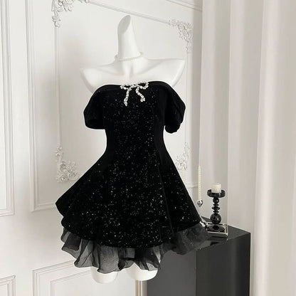 Black sequined one-shoulder waist slim A-line princess skirt homecoming dress R3547