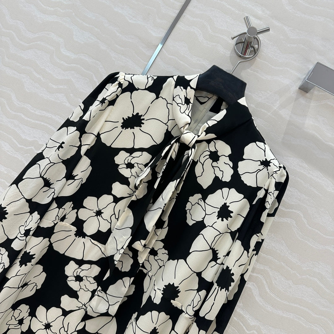 Celine Flower Dress Black mix White Silk