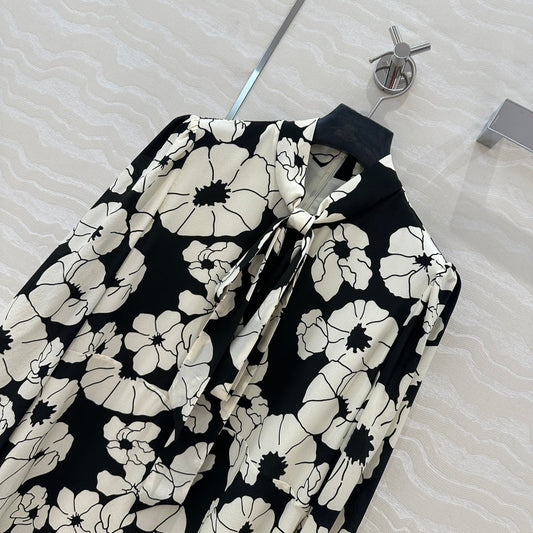 Celine Flower Dress Black mix White Silk