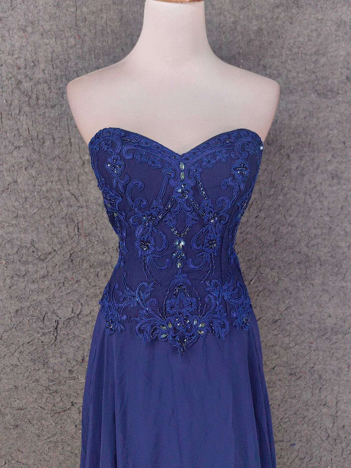 Vintage Blue Sweetheart Neck Embroidered Chiffon Long Prom Dress Evening Dress P4672