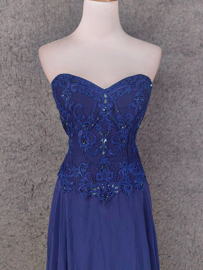 Vintage Blue Sweetheart Neck Embroidered Chiffon Long Prom Dress Evening Dress P4672