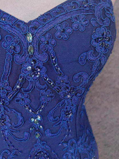 Vintage Blue Sweetheart Neck Embroidered Chiffon Long Prom Dress Evening Dress P4672