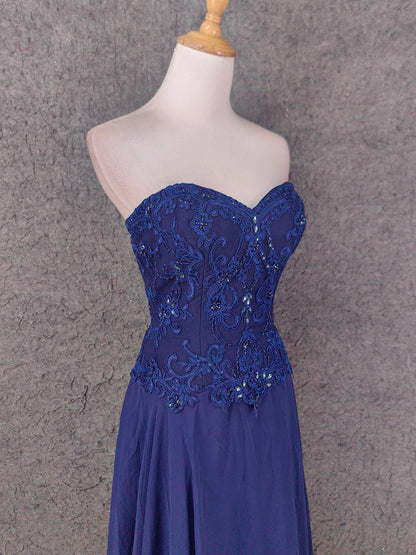 Vintage Blue Sweetheart Neck Embroidered Chiffon Long Prom Dress Evening Dress P4672