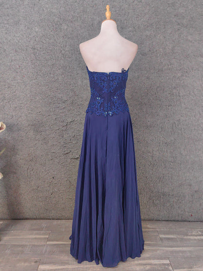 Vintage Blue Sweetheart Neck Embroidered Chiffon Long Prom Dress Evening Dress P4672