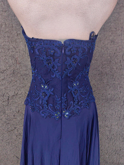 Vintage Blue Sweetheart Neck Embroidered Chiffon Long Prom Dress Evening Dress P4672