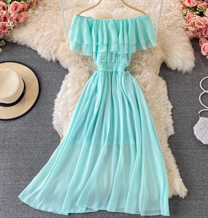 Bali resort beach slim long skirt sexy off-shoulder one-shoulder ruffled chiffon dress R0326