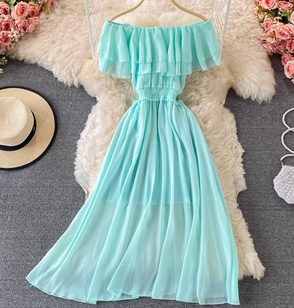 Bali resort beach slim long skirt sexy off-shoulder one-shoulder ruffled chiffon dress R0326