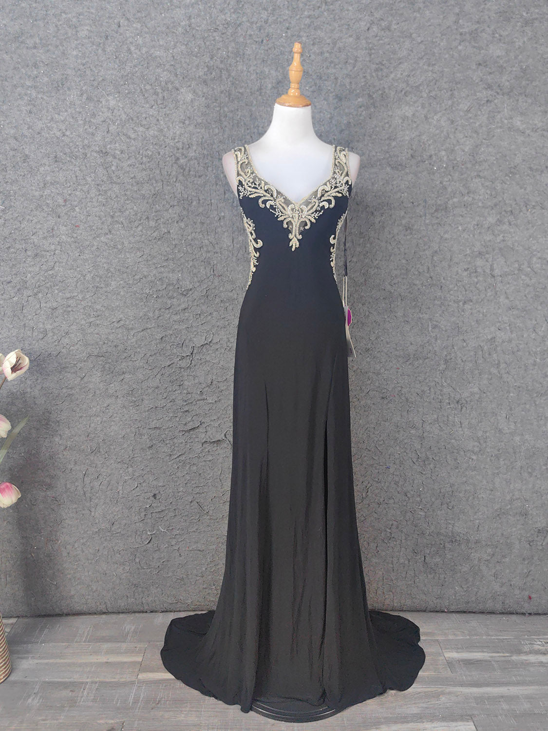 Vintage Black V-Neck Beaded Chiffon Long Prom Dress Evening Dress P4673