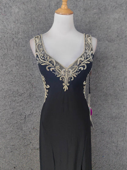 Vintage Black V-Neck Beaded Chiffon Long Prom Dress Evening Dress P4673