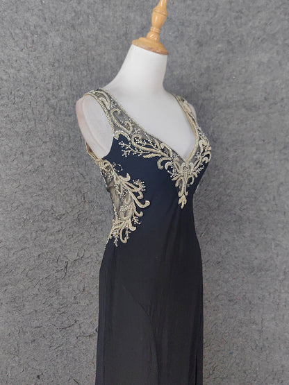 Vintage Black V-Neck Beaded Chiffon Long Prom Dress Evening Dress P4673