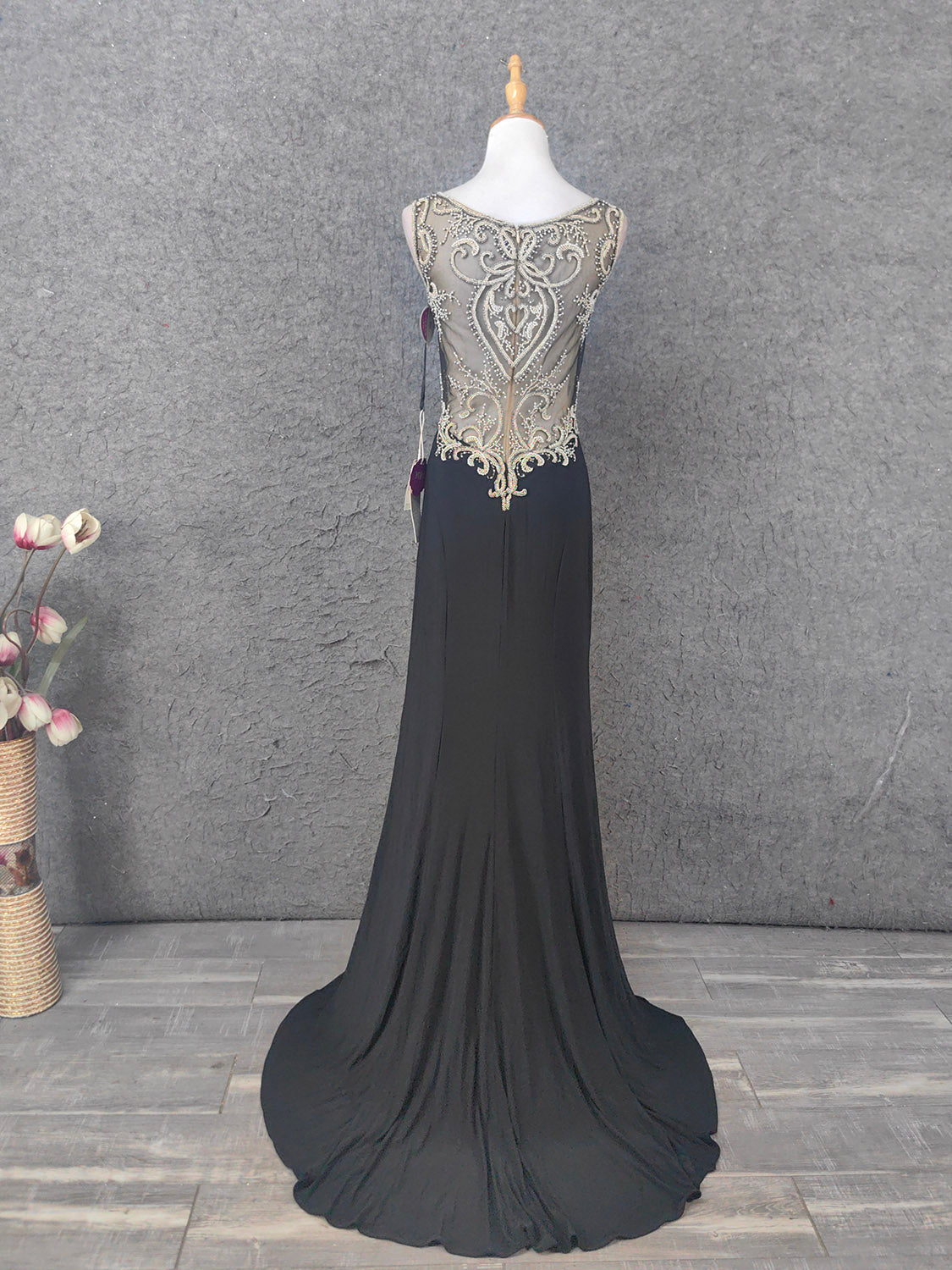 Vintage Black V-Neck Beaded Chiffon Long Prom Dress Evening Dress P4673