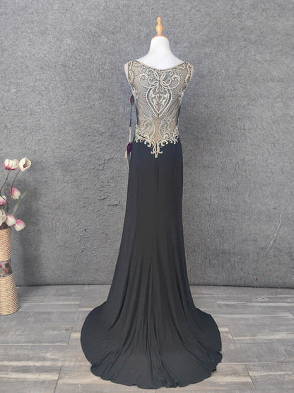 Vintage Black V-Neck Beaded Chiffon Long Prom Dress Evening Dress P4673