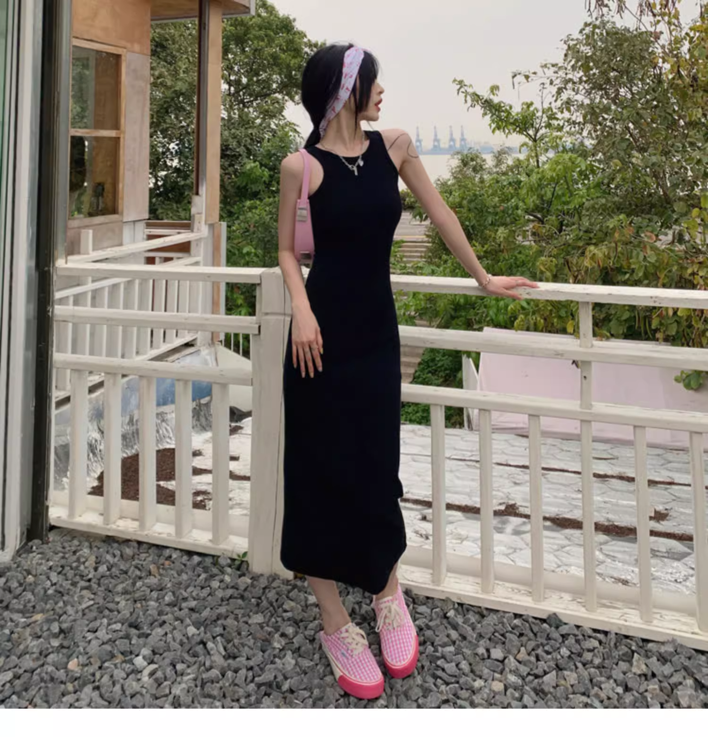 Simple Women Fashion Gray Black Halter Dress TP2988