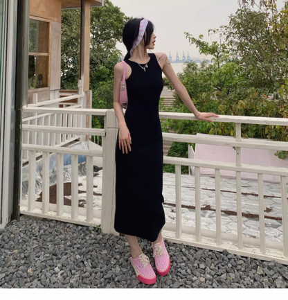 Simple Women Fashion Gray Black Halter Dress TP2988