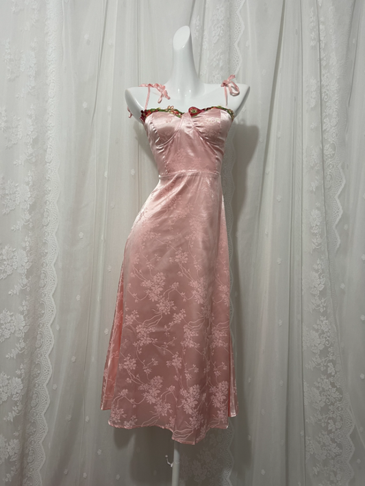 Sweet Pink Spaghetti Strap Embroidered Jacquard Satin Prom Dress Evening Dress P4674