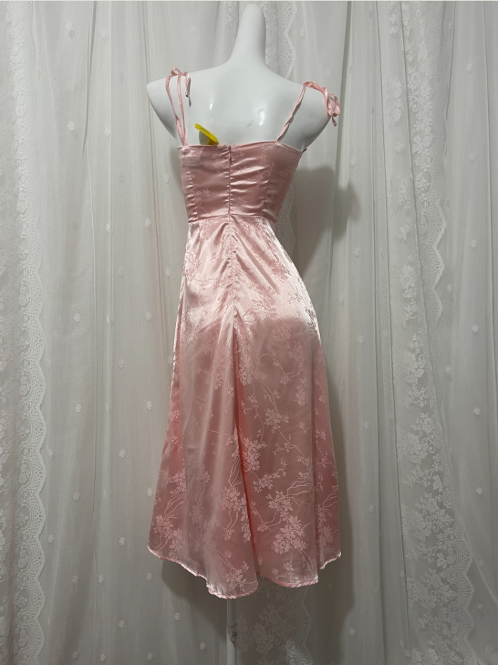 Sweet Pink Spaghetti Strap Embroidered Jacquard Satin Prom Dress Evening Dress P4674