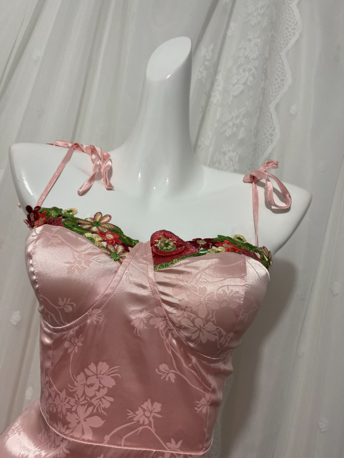 Sweet Pink Spaghetti Strap Embroidered Jacquard Satin Prom Dress Evening Dress P4674