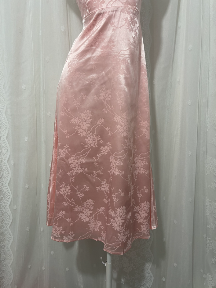 Sweet Pink Spaghetti Strap Embroidered Jacquard Satin Prom Dress Evening Dress P4674