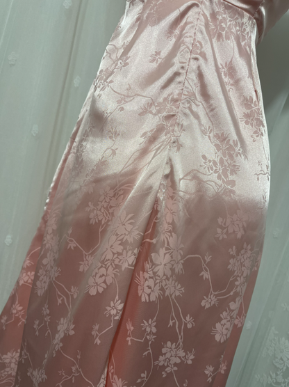 Sweet Pink Spaghetti Strap Embroidered Jacquard Satin Prom Dress Evening Dress P4674