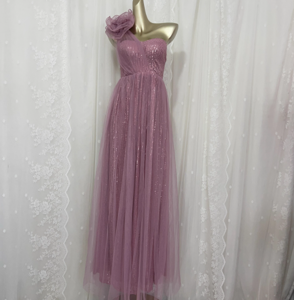 Sweet Blush Purple A-Line One-Shoulder 3D Floral Sequin Tulle Long Prom Dress Evening Dress P4675