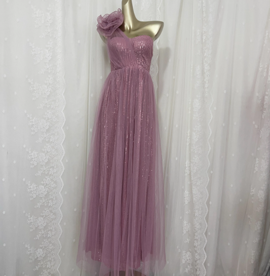 Sweet Blush Purple A-Line One-Shoulder 3D Floral Sequin Tulle Long Prom Dress Evening Dress P4675