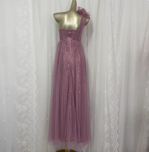 Sweet Blush Purple A-Line One-Shoulder 3D Floral Sequin Tulle Long Prom Dress Evening Dress P4675