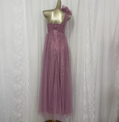 Sweet Blush Purple A-Line One-Shoulder 3D Floral Sequin Tulle Long Prom Dress Evening Dress P4675