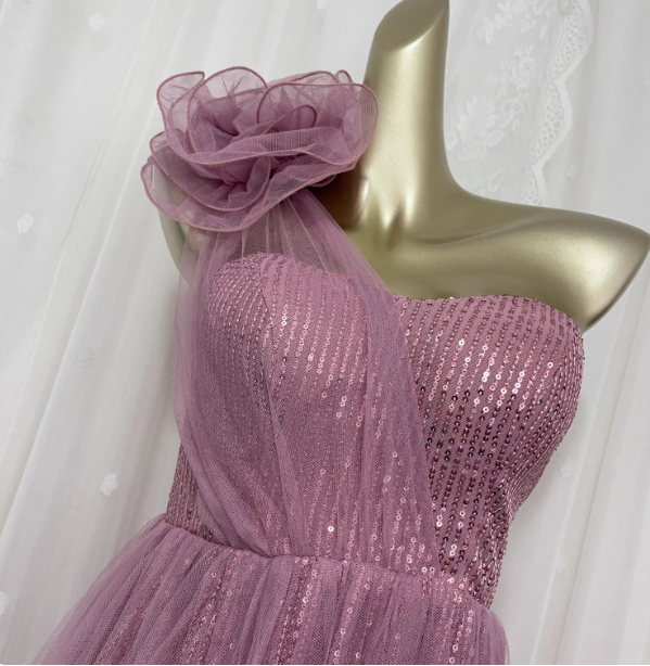 Sweet Blush Purple A-Line One-Shoulder 3D Floral Sequin Tulle Long Prom Dress Evening Dress P4675