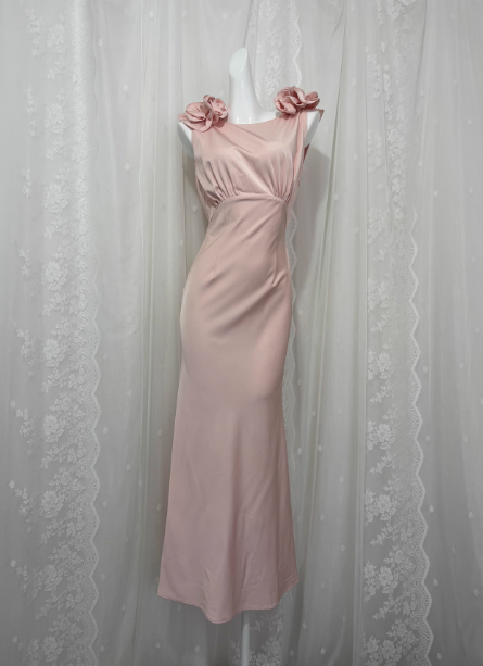 Elegant Pink Sleeveless 3D Floral Crew Neck Satin Long Prom Dress Evening Dress P4676