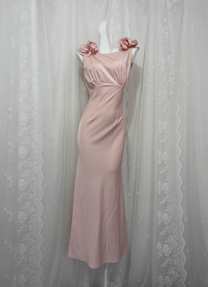 Elegant Pink Sleeveless 3D Floral Crew Neck Satin Long Prom Dress Evening Dress P4676