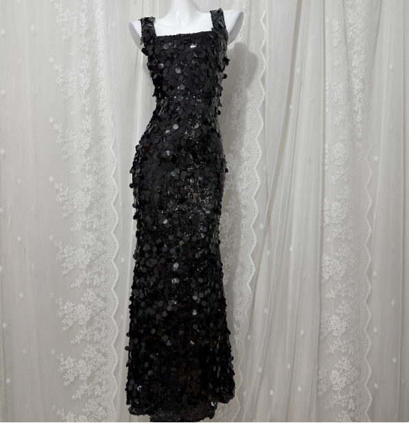 Classic Black Mermaid Square Neck Spaghetti Strap Sequin Long Prom Dress Evening Dress P4677
