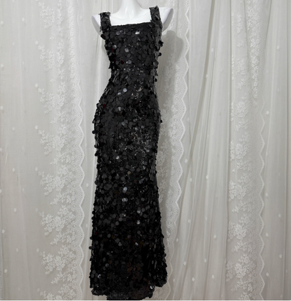 Classic Black Mermaid Square Neck Spaghetti Strap Sequin Long Prom Dress Evening Dress P4677