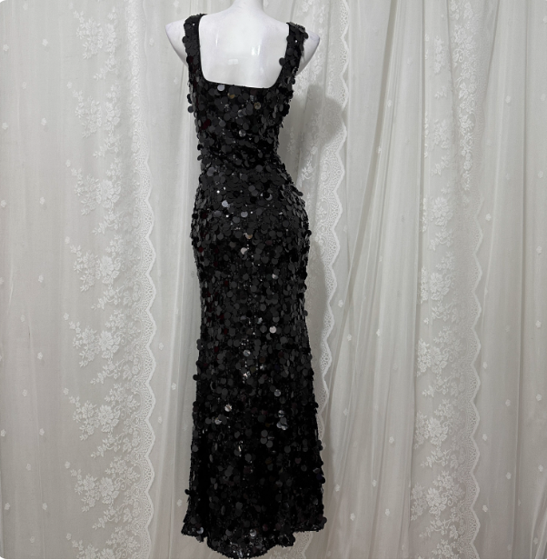 Classic Black Mermaid Square Neck Spaghetti Strap Sequin Long Prom Dress Evening Dress P4677