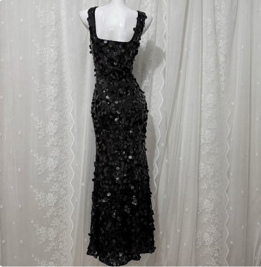 Classic Black Mermaid Square Neck Spaghetti Strap Sequin Long Prom Dress Evening Dress P4677