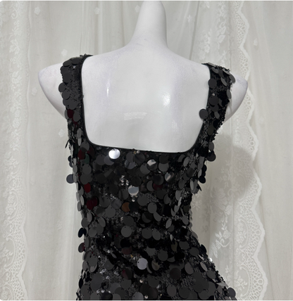 Classic Black Mermaid Square Neck Spaghetti Strap Sequin Long Prom Dress Evening Dress P4677