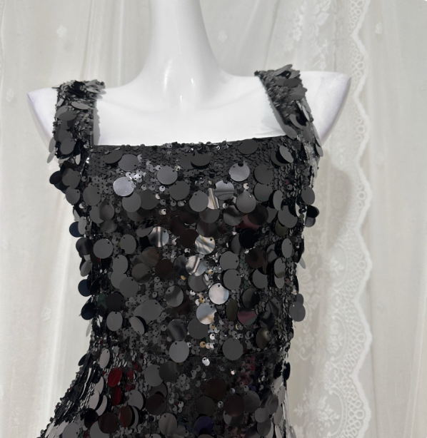 Classic Black Mermaid Square Neck Spaghetti Strap Sequin Long Prom Dress Evening Dress P4677