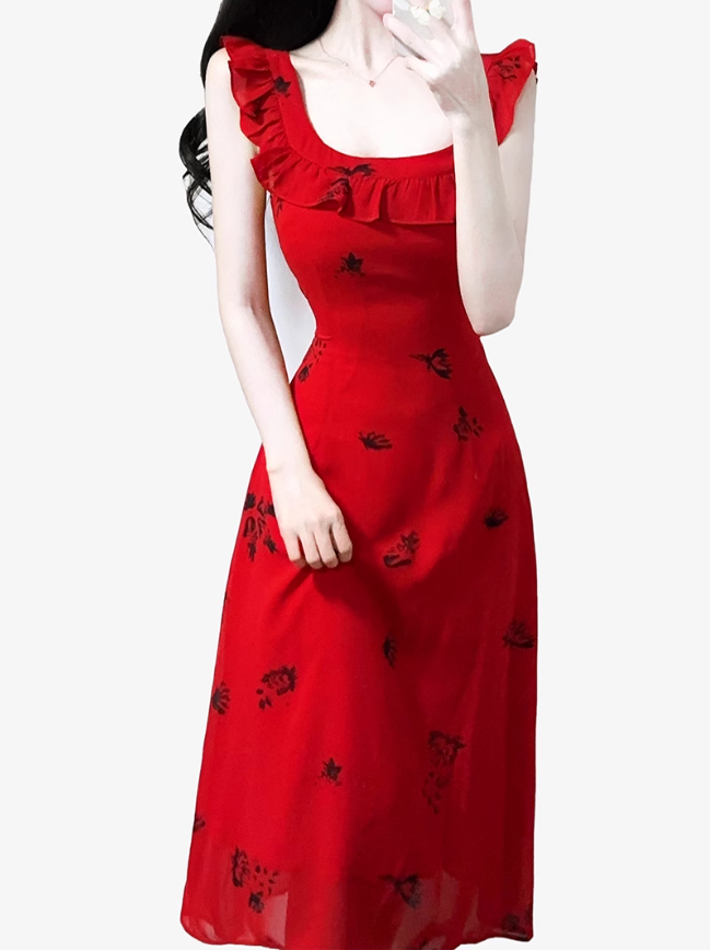2025 Summer New Red Floral Pleated V-Neck Sleeveless Long Holiday Dress R0955