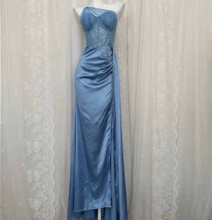 Elegant Blue Mermaid One-Shoulder Sequin Beaded Long Prom Dress Evening Dress P4679
