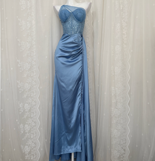 Elegant Blue Mermaid One-Shoulder Sequin Beaded Long Prom Dress Evening Dress P4679