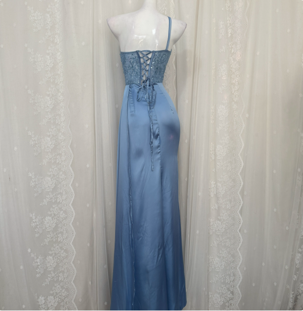 Elegant Blue Mermaid One-Shoulder Sequin Beaded Long Prom Dress Evening Dress P4679