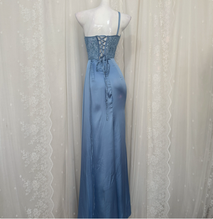 Elegant Blue Mermaid One-Shoulder Sequin Beaded Long Prom Dress Evening Dress P4679