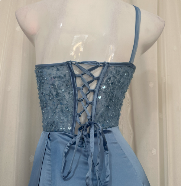 Elegant Blue Mermaid One-Shoulder Sequin Beaded Long Prom Dress Evening Dress P4679