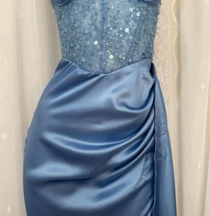 Elegant Blue Mermaid One-Shoulder Sequin Beaded Long Prom Dress Evening Dress P4679