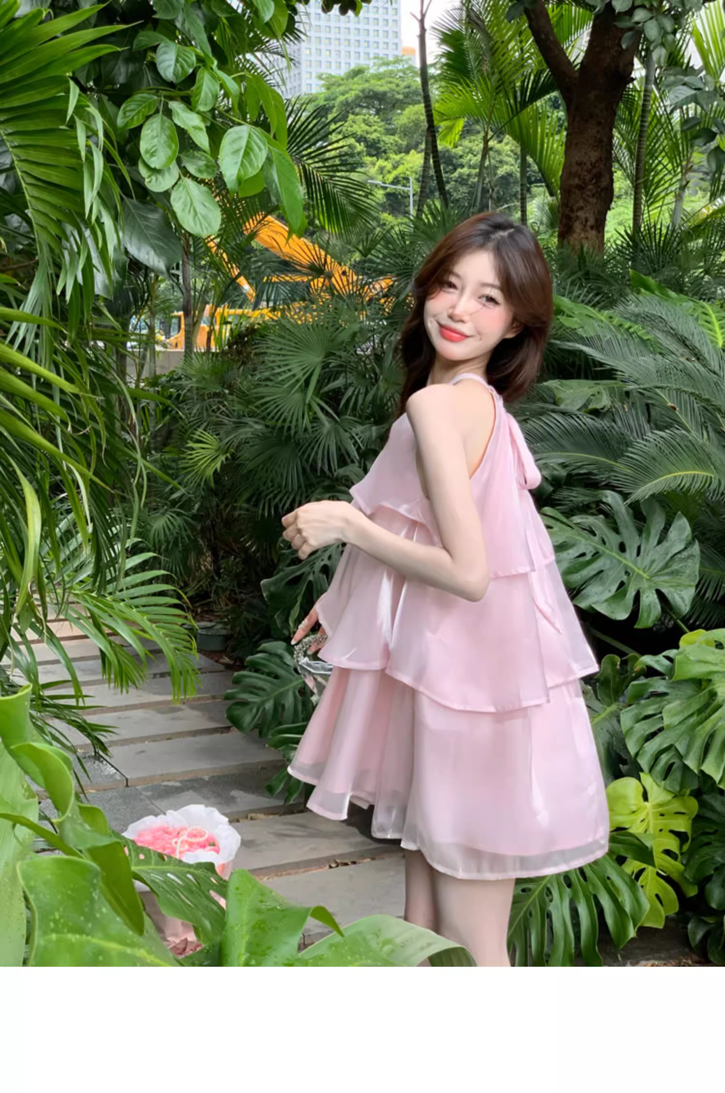 Stylish Pink Patchwork Ruffled Sleeveless Seaside Holiday Halter Dress TP2986