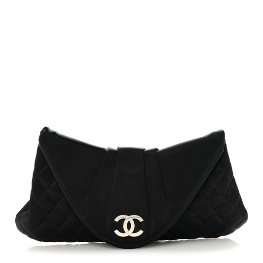 Satin Quilted Half Moon Clutch  Black