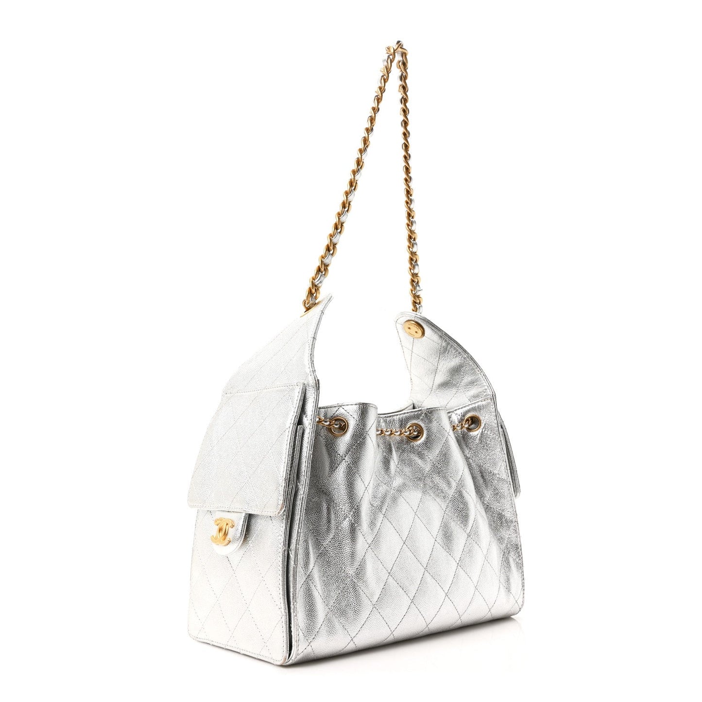 Metallic Caviar Quilted Small Chanel 25 Handbag Silver