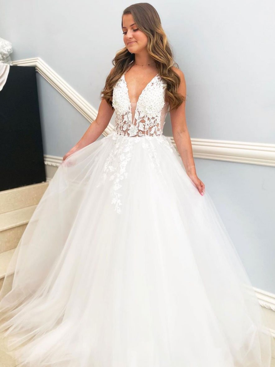 White v neck tulle lace long prom dresses, sexy lace evening dress