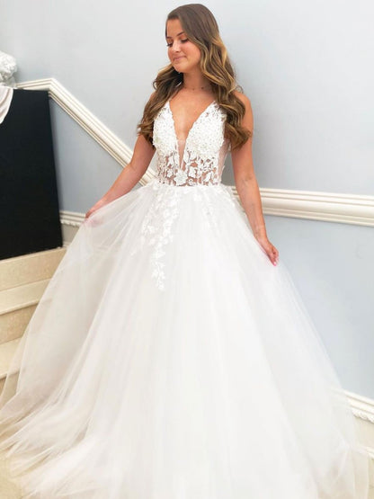 White v neck tulle lace long prom dresses, sexy lace evening dress