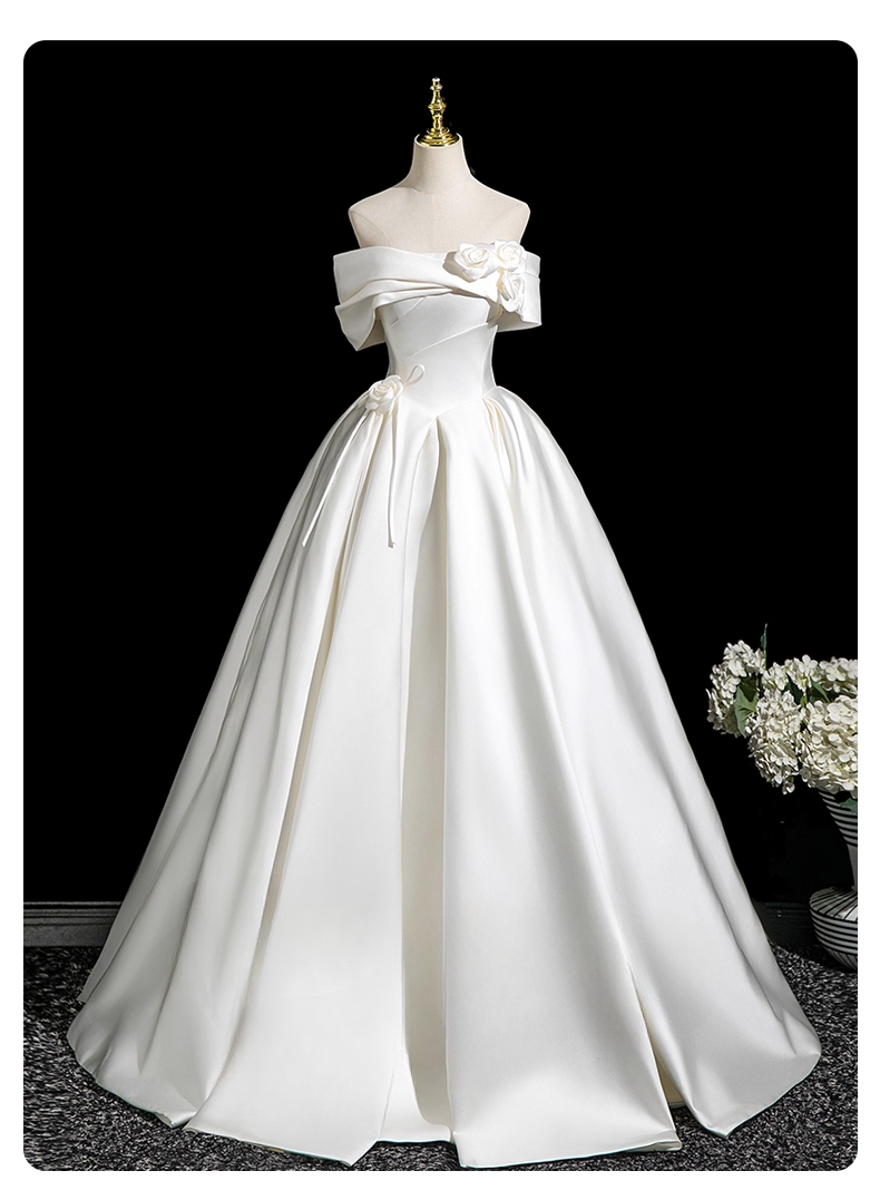 Glamorous White Satin 3D Flowers Wedding Dress A-Line Off-the-shoulder Bridal Gown TP5211